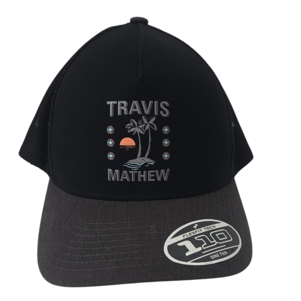 Travis Mathew Black and Gray Logo FLEXTECH 110 Trucker Hat NEW